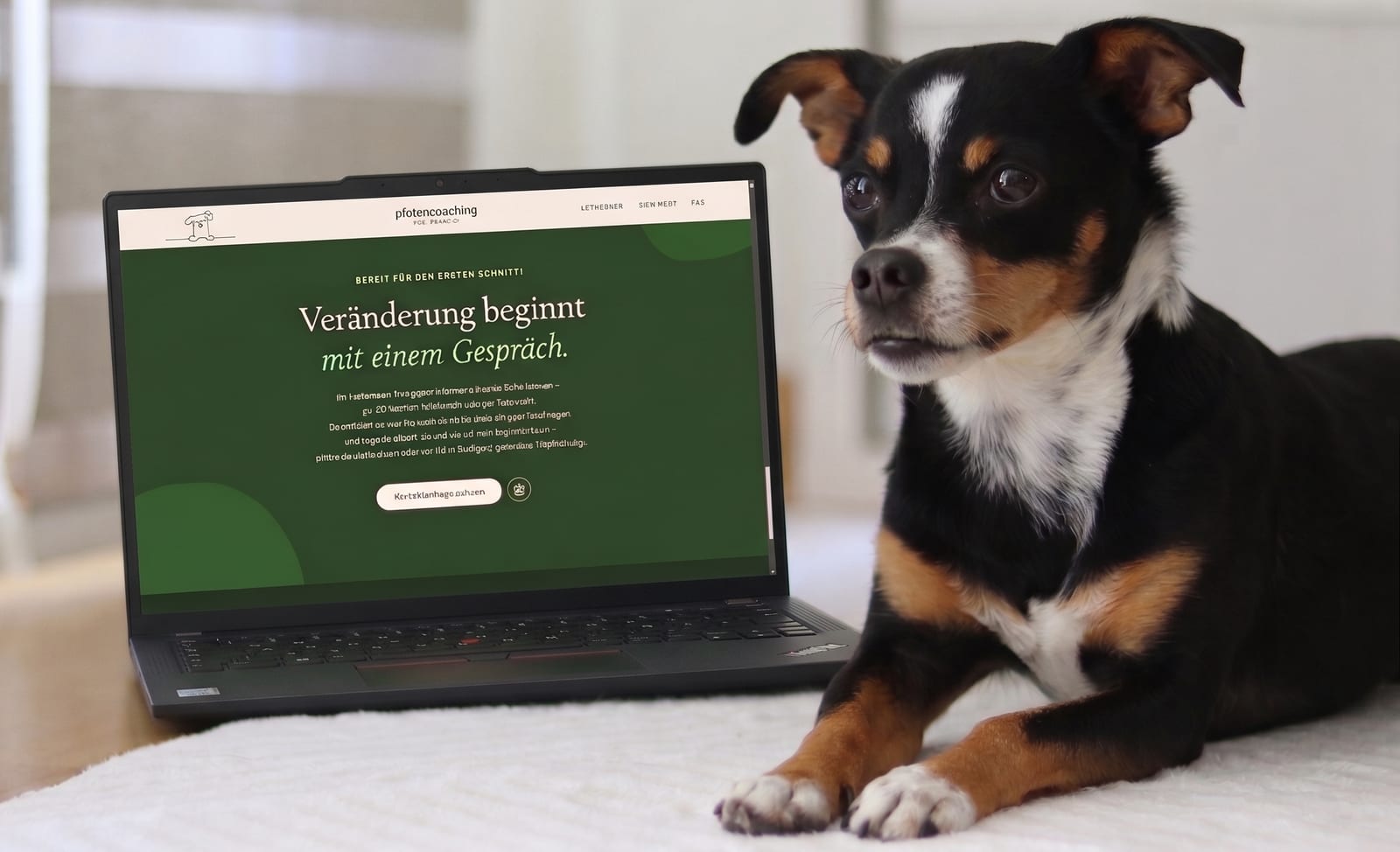 Henry liegt entspannt neben einem Laptop, auf dem die Startseite von pfotencoaching zu sehen ist.